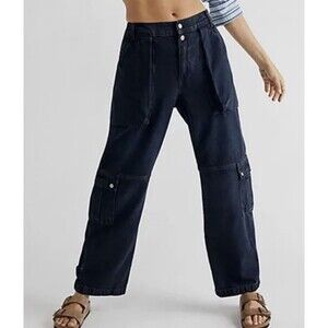 Free People Marx Slouchy Cargo Jeans Tab Button Detail Wide Leg Black Sz 28 New